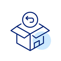 Parcel return service. Delivery box and back arrow. Pixel perfect, editable stroke icon