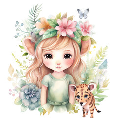 Fototapeta premium Safari Animal set little fairie in colorful dresses Illustration, Generative Ai