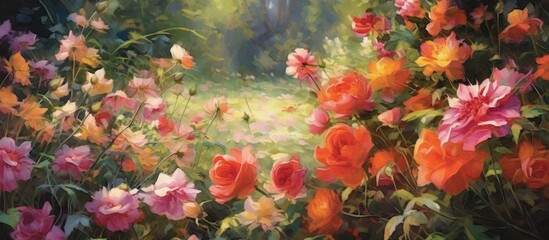 vibrant garden, amidst the lush green backdrop, a tapestry of colorful flowers bloomed, showcasing a medley of pink, red, and orange roses, painting the summer scene in a harmonious chorus of floral