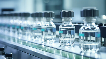 Vials of liquid medication in production line, pharmaceutical manufacturing, medicine and vaccine concept, close up shot.