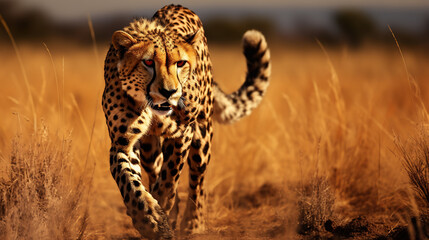 Cheetah stalking for prey on savanna - obrazy, fototapety, plakaty