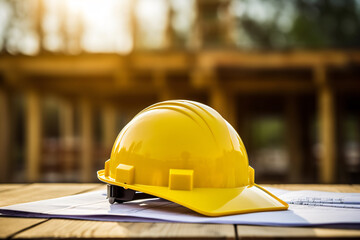Yellow hard hat safty helmet and blueprint on a desk at construction site, engineering and construction industry concept.