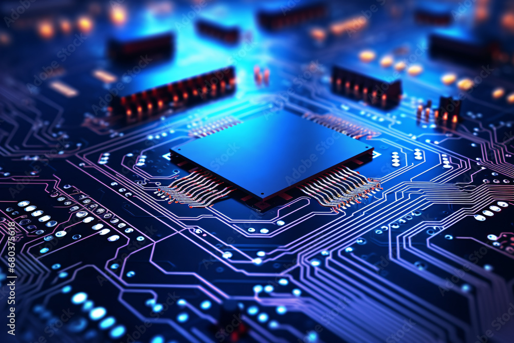 Aufkleber digital circuit board microprocessor motherboard computer hardware in neon blue glowing light, futur
