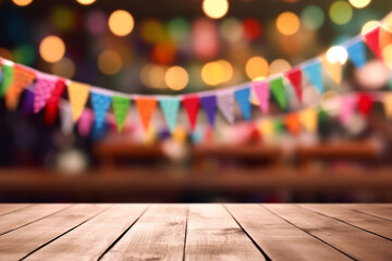 Empty wooden board for product displaying with festive decorative flags, colorful buntings and wood backdrop, festival background.