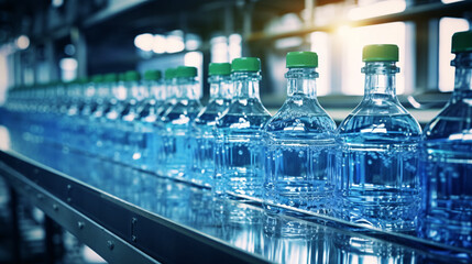 Drinking water production line in factory, a row of drinking water in plastic bottles in  close up shot. - obrazy, fototapety, plakaty
