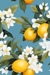 lemon flower branches leaves pattern light blue background. Generative AI.