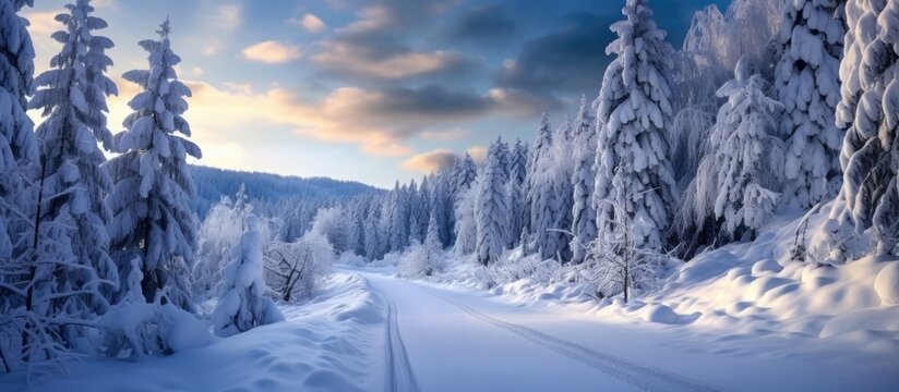 In Europe, during the winter season, the enchanting landscape is blanketed in white snow as the frost-kissed trees stand tall, creating a picturesque outdoor scene forest, with the icy road winding