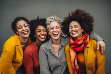 Fototapeta premium A group of women smiling on a grungy background, cultural representations, gray, amber, grandparentcore, vibrant colorism, immaculate perfectionism, vibrant energy.