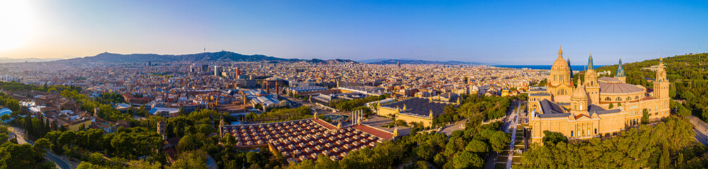 Aerial view of the Montjuïc, a hill in Barcelona, Catalonia, Spain - obrazy, fototapety, plakaty