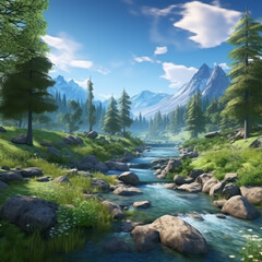 A large stream with lots of trees, vibrant fantasy landscapes, vray, realistic blue skies, serene and peaceful ambiance, mountainous vistas, realistic details, tranquil.
