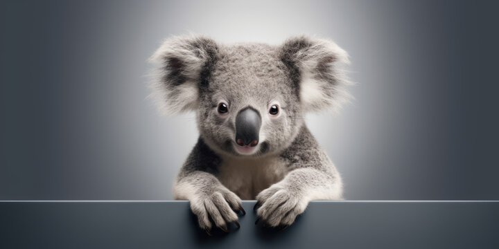 A koala on a gray background, minimal retouching, back button focus, presenting a minimalistic and stylish appearance with smooth surfaces.