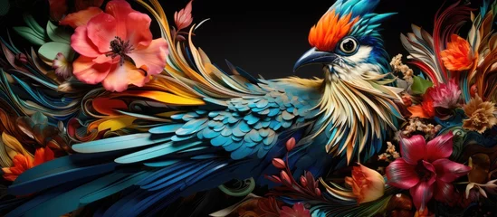 Fotobehang In a nature-inspired art piece, a colorful bird with vibrant feathers stands out against a white background, surrounded by lush green foliage. The black, blue, orange, and pink hues of its skin © AkuAku