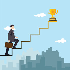 A man climbing career steps for success vector concept. Symbol of ambition, motivation, success in career, promotion