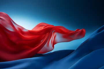 Red silk material in motion on a blue background, with a realistic yet ethereal style in surrealistic installations.