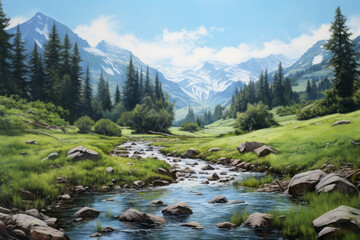 The stream is flowing in fantasy landscapes with realistic blue skies, realistic usage of light and color, and a dreamy atmosphere.