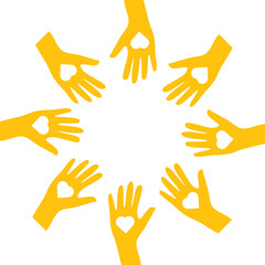 Digital png illustration of yellow hands with hearts on transparent background