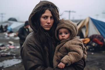 Young homeless woman holds baby in her arms,integration of migrants and immigrants - obrazy, fototapety, plakaty