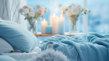 Cozy light blue Bedroom with flowers and candles. pillows, duvet and duvet case on a bed. Blue bed linen on a blue sofa. Bedroom with bed and bedding. Blurred view of light bedroom