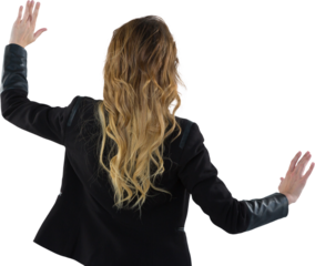 Digital png photo of back of caucasian businesswoman pointing on transparent background