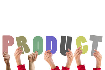 Digital png illustration of hands with product text on transparent background