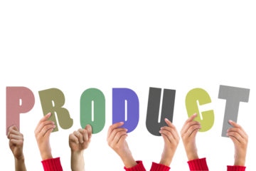 Digital png illustration of hands with product text on transparent background