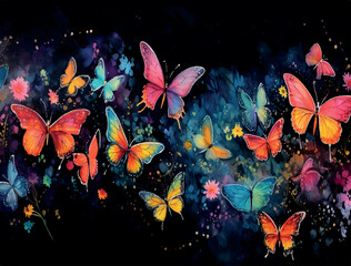 sparkling butterflies, bright, watercolors, black background illustration