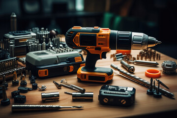 Electric tools on the table. - obrazy, fototapety, plakaty