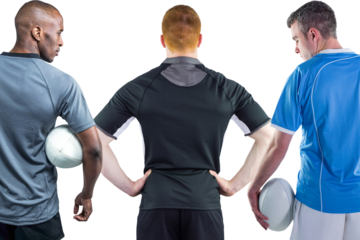 Digital png photo of back of diverse male rugby players with balls on transparent background