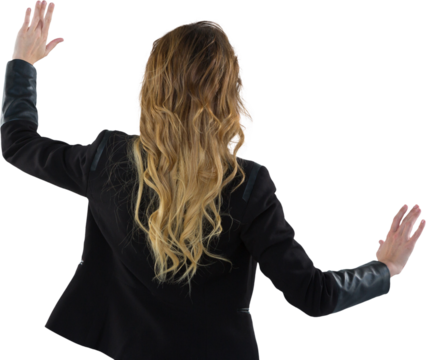 Digital png photo of back of caucasian businesswoman pointing on transparent background