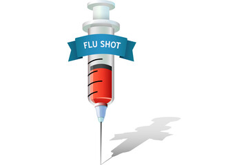 Digital png illustration of syringe with flu shot text on transparent background