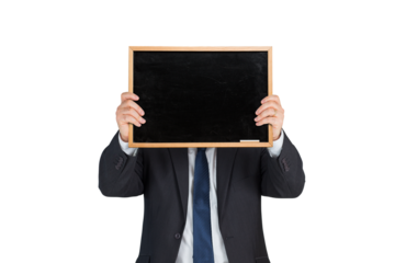 Digital png photo of caucasian businessman with blackboard on transparent background