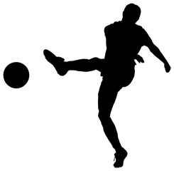 Fototapeta na wymiar Digital png illustration of silhouette of male footballer kicking ball on transparent background