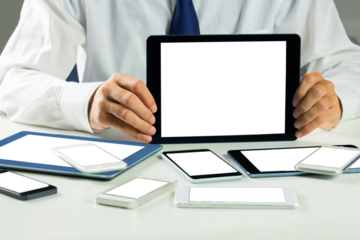 Digital png photo of caucasian businessman with electronic devices on transparent background
