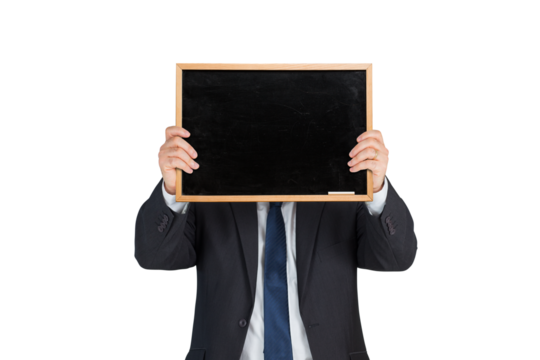 Digital png photo of caucasian businessman with blackboard on transparent background