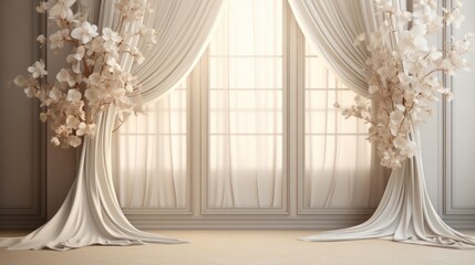 Light arch weaved with flowers, Elegant wall background, Flowing satin drapes, Backdrop, Wedding.