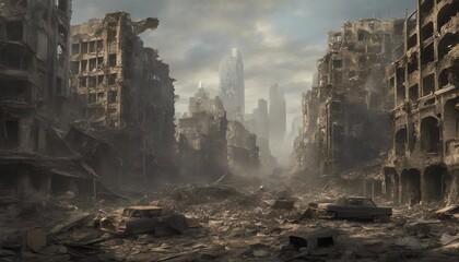 The city was destroyed by war, buildings, cars and roads were destroyed. - obrazy, fototapety, plakaty
