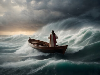 Jesus walks on water across the sea and calms the storm - obrazy, fototapety, plakaty