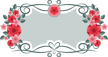 Digital png illustration of green badge with red flowers with copy space on transparent background