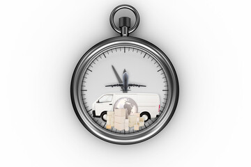Digital png illustration of stopwatch with globe, parcels and truck on transparent background