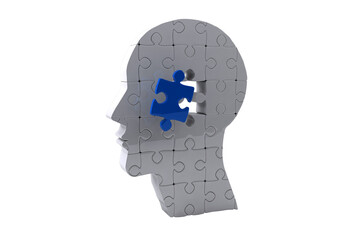 Digital png illustration of head with blue puzzle on transparent background