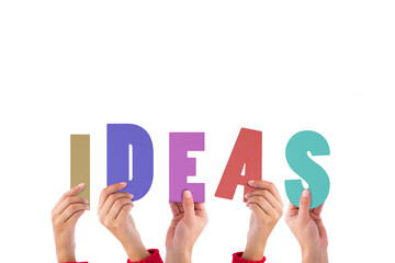 Digital png illustration of hands and ideas text on transparent background