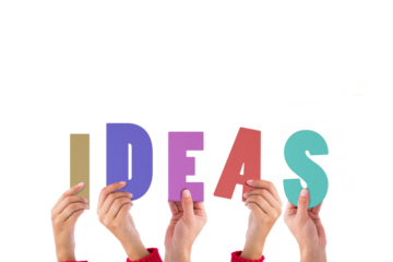 Digital png illustration of hands and ideas text on transparent background