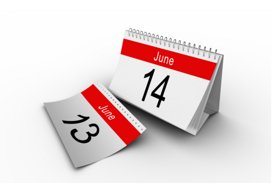 Digital png illustration of calendar with june 14 and 13 card on transparent background - Powered by Adobe