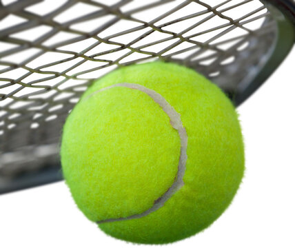 Digital png photo of green tennis ball and part of tennis racket on transparent background