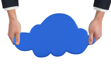 Digital png illustration of hands holding blue cloud on transparent background
