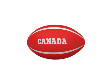 Digital png illustration of red rugby ball with canada text on transparent background