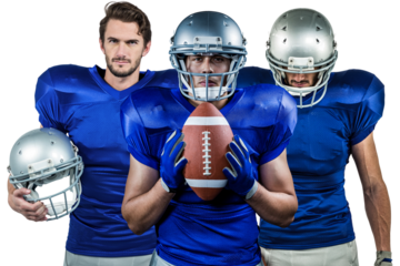Digital png photo of american rugby players with ball on transparent background