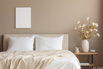 Close up bedroom in beige colours with comfortable bed