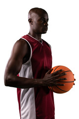 Digital png photo of focused african american basketball player with ball on transparent background