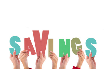 Digital png illustration of hands and savings text on transparent background